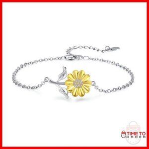 925 Sterling Silver Adjustable Sunflower Bracelet Heart Charm Gift